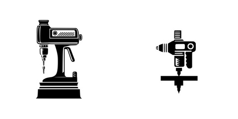 Poster - Black icon set featuring a vintage drill and a modern impact driver for creative design purposes