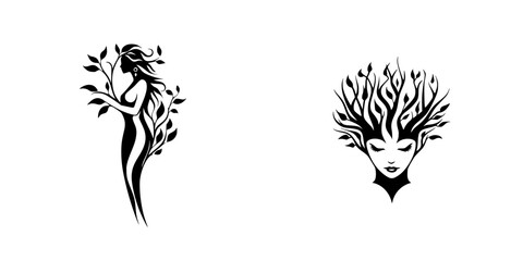 Poster - Black icon depicting a stylized female figure intertwined with leaves and a tree, symbolizing nature and femininity in a minimalistic design
