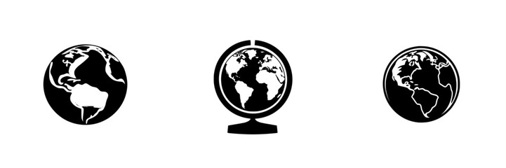 Poster - Set of three black icons representing globes, illustrating continents and geography in a simple and minimalistic style