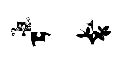 Poster - Unique black icon featuring puzzle pieces with nature motifs on a clean white background