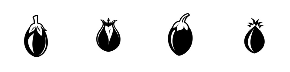 Poster - Black vegetable icons representing eggplant in various styles and shapes for creative design purposes