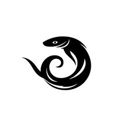 Poster - Black icon of a stylized fish with fluid lines and a swirling tail design suitable for logos and branding