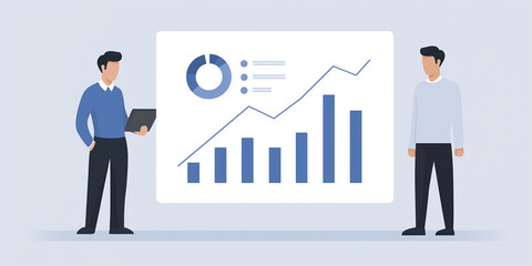Poster - Two business professionals discussing financial growth, standing beside a large presentation board displaying graphs and charts, illustrating data analysis and strategy development