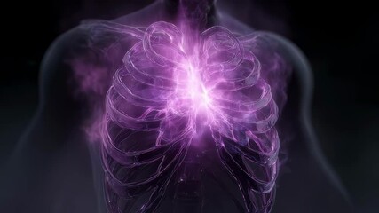 Poster - purple glowing energy field pulsating and dimming around human heart, visualized behind transparent 