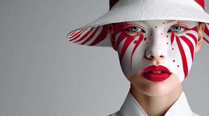 Wall Mural - woman with red and white face paint and a white hat. the woman is wearing red lipstick and has a red