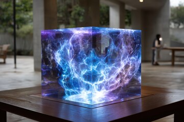 Poster - Modern art installation showcasing illuminated cube with dynamic light effects in an open space
