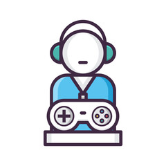 Poster - Illustration of a gamer with headphones holding a controller on a platform with a simple design