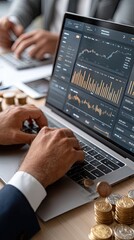 Poster - Financial analysis takes place as a businessman works with graphs and coins to drive business growth through digital tools