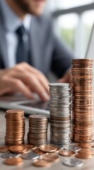 Poster - Financial analysis takes place as a businessman works with graphs and coins to drive business growth through digital tools
