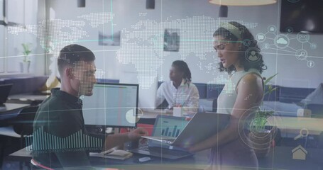 Poster - Standing woman opening laptop showing line-bar chart tapping data while man noting business trends