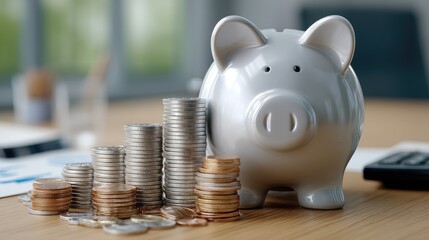 Poster - Business professionals analyze stock market data while a piggy bank and coins symbolize savings and financial growth