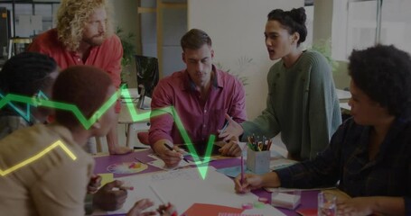 Poster - Green-sweatered leader initiating business planning gesturing at charts and animating data trends