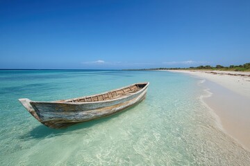 Wall Mural - Old wooden boat floats in crystal clear, turquoise Caribbean sea. It's perfect for travel blogs, or showcasing relaxing vacation destinations.