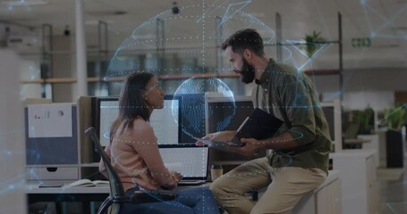 Poster - Woman typing laptop data triggers colleague tapping tablet showing globe network updating tech data