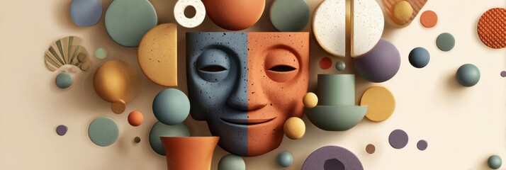 Poster - Smiling Clay Face Surrounded by Floating Abstract Shapes in Minimalistic Space