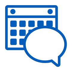Poster - Blue calendar icon with grid and two circles and a speech bubble on a white isolated background