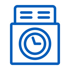 Poster - Blue outline of a machine with a clock face and paper slot indicating time management and deadlines