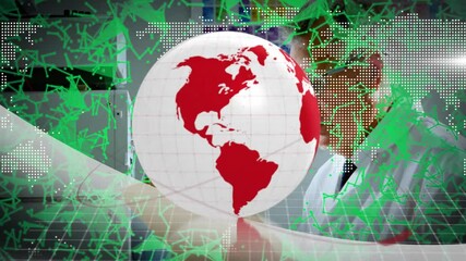 Poster - Rotating hologram globe network lines drawing scientist reviewing folder gesturing at lab bench
