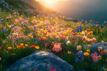 Wall Mural - Rocky grass field flower outdoors nature.