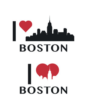 I love Boston vector art, badge, tag, icon, logo concept. USA, Massachusetts state city landmarks and heart isolated image layout for print, image, card