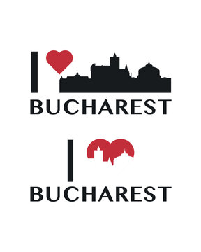 I love Bucharest vector art, badge, tag, icon, logo concept. Romania city landmarks and heart isolated image layout for print, image, card