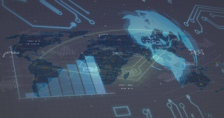 Poster - Grid emerging, flat world map and 3D globe rotating, tracing arcs, rising bars visualizing trends