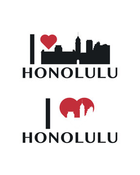 I love Honolulu vector art, badge, tag, icon, logo concept. USA, Hawaii state city landmarks and heart isolated image layout for print, image, card
