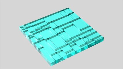 Poster - Glass tile displaying intricate grid pattern rotating slowly, revealing translucent cyan color against pristine white background, highlighting architectural design and material texture