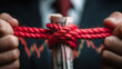 © Anthichada - Close up hands using red rope tied banknotes represents financial freedom and debt relief with blurred fail stock trading charts on background