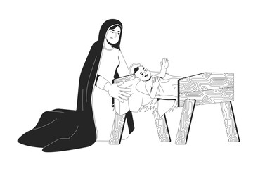 Poster - Mary kneeling beside baby Jesus swaddled in straw manger 2D line bible characters. Maternal care. Christ birth. Nativity mother isolated vector ink outline people. Monochromatic spot illustration