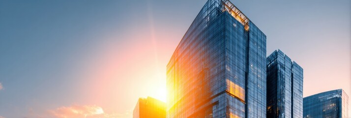 Poster - Modern Skyscraper Reflects Golden Sunlight Against a Clear Sky With Expansive Copy Space Ideal for Text Overlay