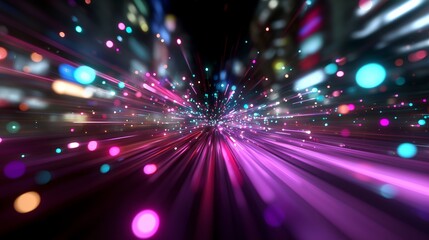 Poster - Dynamic light bursts create vibrant energy in an abstract cityscape at night, showcasing a colorful exploration of patterns and movement