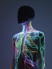 Poster - Captivating Shadowy Figure Illuminated by Vibrant Neon Nerves, Showcasing a Unique Representation of Human Anatomy