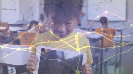 Poster - Boy holding tablet in classroom generating overlay, raising device presenting content and smiling