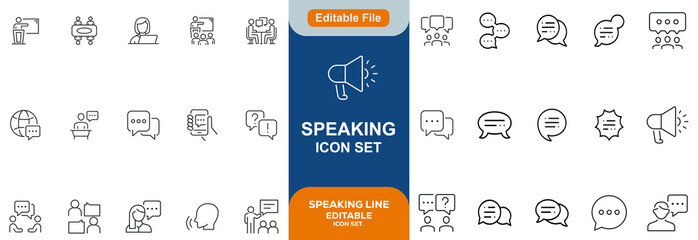  Speaking icon set. Containing dialogue, communication, talk, speech, discussion, chat, conference, meeting, voice, speech bubble, support and more. Editable line icons. Vector illustration.