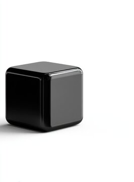 A glossy, black cube casts a subtle shadow on a white background, suggesting a sleek, minimalist design