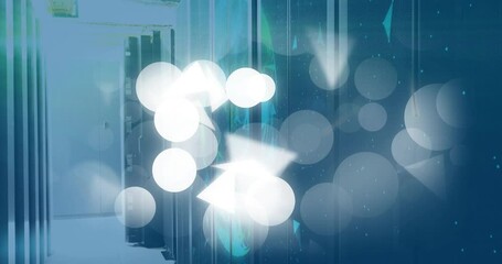 Poster - Soft shapes appearing from right drifting into cloud dispersing over server racks visualizing data