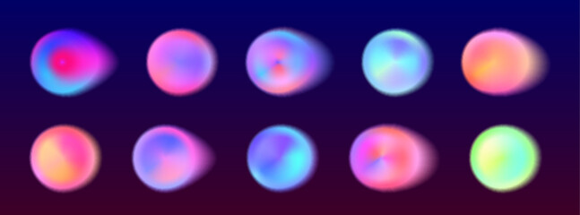 Poster - Vibrant gradient circle set with soft aura effects on dark bg - colorful glowing orbs in pink, blue, purple, orange and green hues for modern digital design, web interface or abstract art projects.