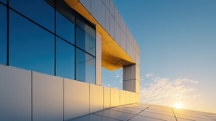 Poster - Modern architecture building with large glass and geometric design in city skyline at sunset