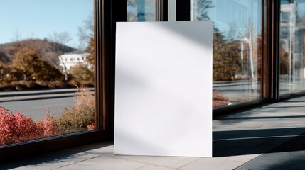 Poster - Empty whiteboard leaning against glass window with scenic outdoor view behind