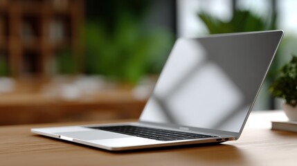 Poster - Modern slim silver laptop open on wooden desk with greenery in background