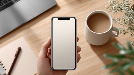 Poster - Modern person holding smartphone with blank screen on wooden desk with coffee mug and plant