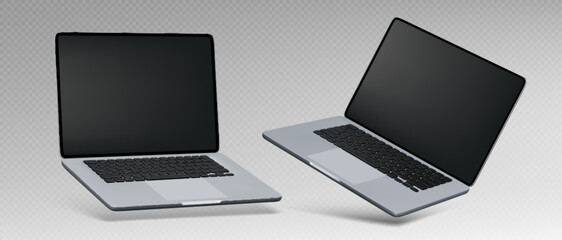 Poster - 3d silver laptop mockup computers floating at angles with blank black screens and keyboards on transparent background. Realistic pc presentation design templates for business technology display.