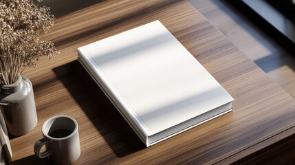 Aufkleber - Minimalist wooden desk with closed notebook a coffee mug and decorative plant in natural sunlight