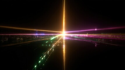 Poster - Bright radiant explosion of colorful light beams and lens flare on dark background