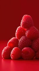 Poster - Close-up of fresh ripe raspberries stacked on bright red background with soft lighting