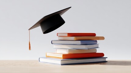 Poster - Stack of colorful books with graduation cap on light wooden desk studio shot