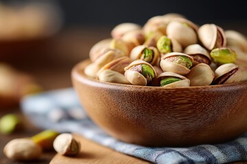 Poster - Close-up of Pistachio nuts in a wooden bowl on a blue cloth background