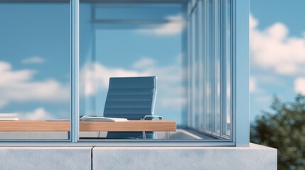 Aufkleber - Modern office space with large glass overlooking blue sky and clouds