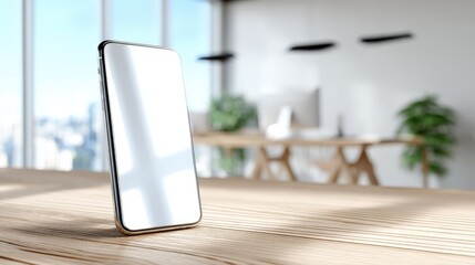 Aufkleber - Modern sleek smartphone with blank screen standing on wooden desk in bright office space